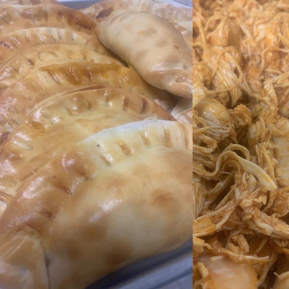 A split image showing golden-brown empanadas on the left and shredded chicken filling on the right.