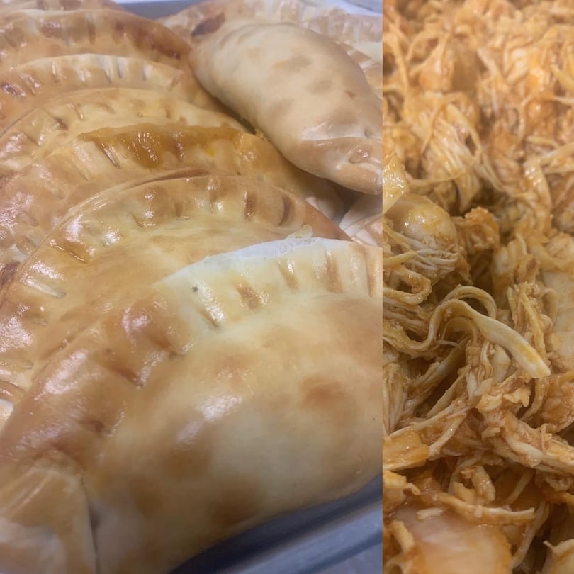 A split image showing golden-brown empanadas on the left and shredded chicken filling on the right.