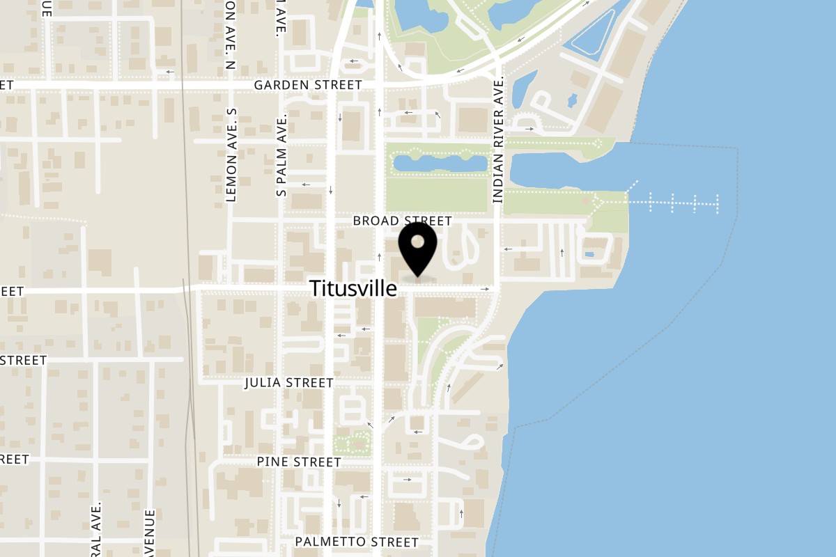Map showing the location of Tree Of Life Cuban Bakery Titusville on 106 Main St in Titusville